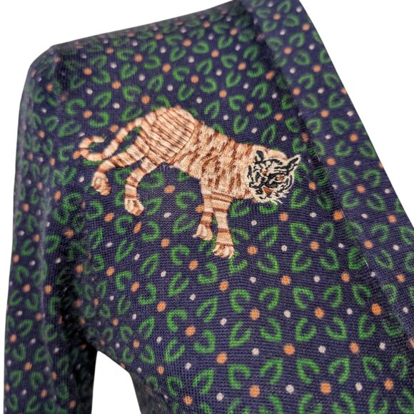 J Crew Women Sz S Blue Green Tiger Embroidered 100% Merino Wool Cardigan Sweater - Picture 6 of 10